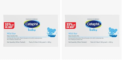Image of Cetaphil Baby Mild Cleansing Bar for Newborns & Babies 4 x 100 gm | With Shea Butter, Avocado Oil & Olive Oil | Gentle, Hypoallergenic, Pediatrician Recommended | Dry & Sensitive Skin (Pack of 2)