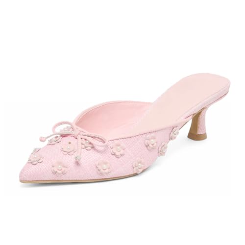Image of Women Kitten Heel Mules Crystal Flower Decor Mesh Pointed Toe Low Heel Casual Pumps