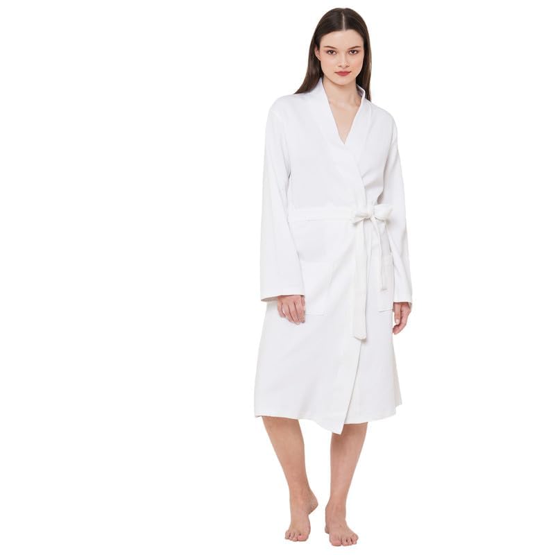 Image of Inner Sense Organic Cotton Bathrobe For Women I V Neck, Relaxed Fit and Knee Length I Soft, Comfortable, Adjustable Waist Belts I White Bath Dress For Women