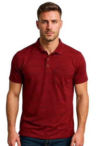 Image of WILD ELEPHANT Men Cotton Striped Polo Neck Half Sleeve T-Shirt with Pocket