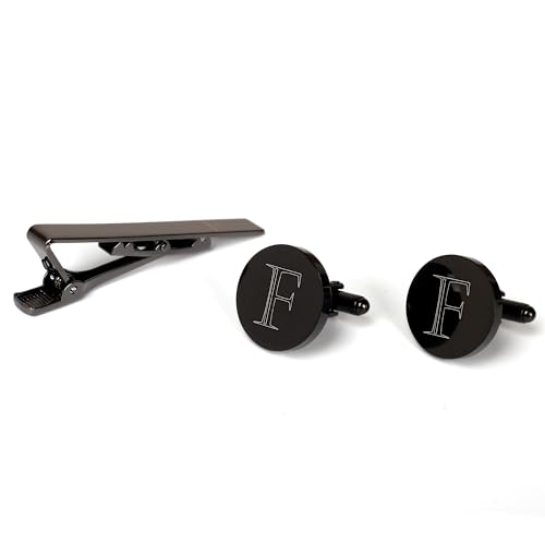 Image of Mens Initial Cufflinks and Tie Clip A-Z Alphabet Letter Black Stainless Cuff Links Tie Bar with Engraved Walnut Wood Box Groom Groomsman Wedding Set