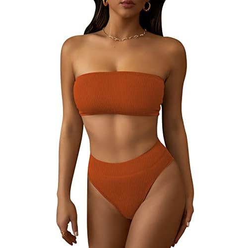 Pink Queen Women's Ribbed High Waisted Bikini Set Removable Strap Bandeau Swimsuit Small 01 - Burnt Orange Ribbed Fabric