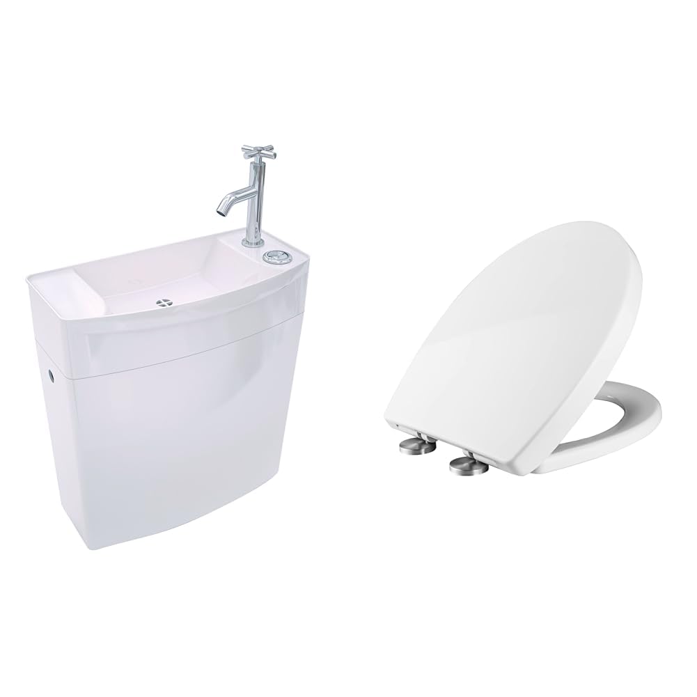Wirquin 50720090 Réservoir Iseo combiné lave-mains intégré au réservoir, blanc & Ibergrif M41002, Abattant WC Forme O, Cuvette Toilette avec Frein de Chute, Lunette WC avec Fermeture en Douceur