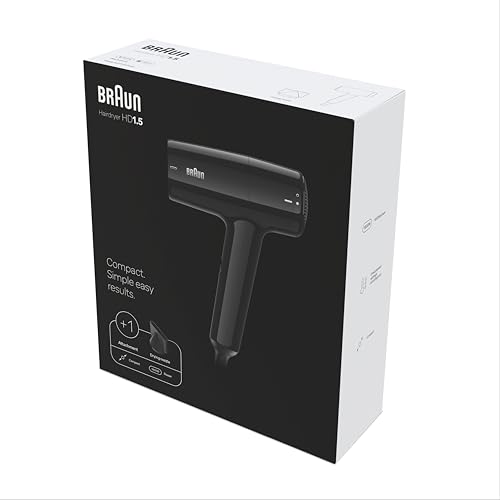 Miniatura 6 de Secador de pelo Braun HD1.5 – Secador compacto y ligero con boquilla de secado para todo tipo de cabello, 1800 W con 3 combinaciones de temperatura/velocidad, acabado negro brillante – BRHD150E