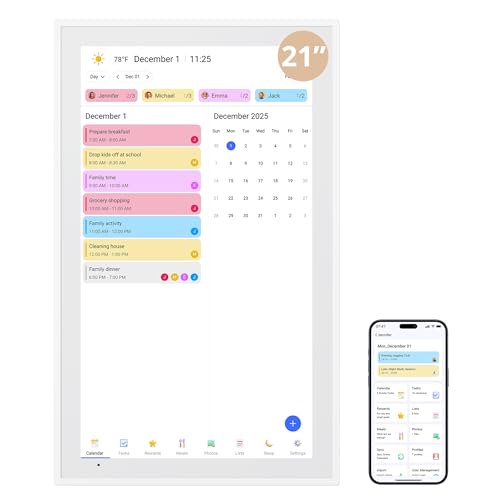 Dragon Touch Digital Calendar 21.5 Inch Touch Screen Electronic Wall Calendar Chore Chart for Family Monthly/Weekly Planner Interactive Display for Home Organization Desk Mount Included - White