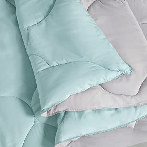 Image of Comfort Spaces Vince Reversible Bed In A Bag - Trendy Casual Geometric Quilted Cover, All Season Down Alternative Cozy Bedding, Matching Sham, Twin XL, Reversible Aqua /Gray 6 piece