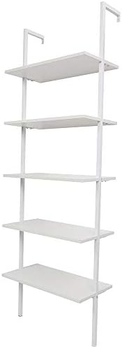 5-Tier Ladder Shelf Against The Wall, Industrial Bookcase, Display Storage Rack, Plant Flower Stand with Metal Frame for Living Room, Kitchen, Office (White)