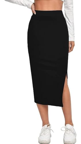 Image of Women's High Waist Bodycon Midi Skirt with Side Slit | Stretchy Pencil Skirt for Office, Casual Below Knee Length Elegant Slim Fit Skirt for Women