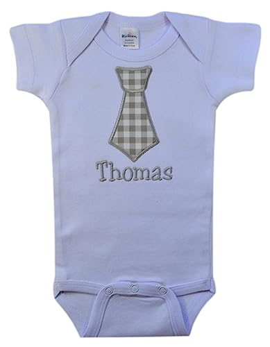 Funny Girl Designs Baby Boy Tie Bodysuit Embroidered with Your Name of Choice 100% Cotton (3-6 MONTHS, GRAY CHECK)