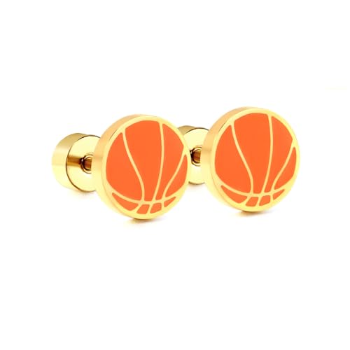 20g Basketball Gold Plated Flat Screw Back Small Stud Earrings for Men Women Minimalist Cute Surgical Steel White Enamel Sports Fan Lover Cartilage Piercing Sleeper Tiny Studs Hypoallergenic Birthday Gift for Bff Christmas 7mm