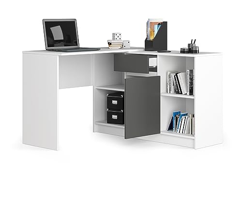  BDW Set scrivania e Cassettiera 2 in 1 - Scrivania Angolare - Scrivania Angolare - Tavolo Angolare da Gioco - Scrivania da Ufficio - Scrivania Home Office - 120x79x129cm (Bianco/Grigio)