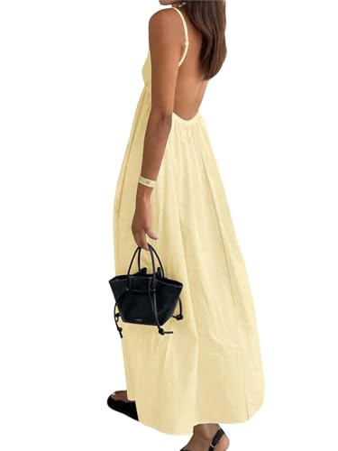 Women's Dress V Neck Backless Spaghetti Strap Maxi Dress for Women Flowy Boho Casual Sundress