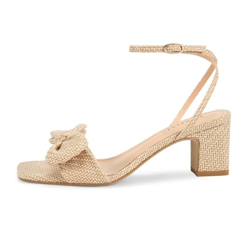 Image of ISNOM Women's Bow Knot Ankle Strap Open Toe Block Heel Sandals Wedding Party