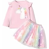 HIKUJ Girl's Self Unicorn Printed Fluttered Full Sleeve T-shirt with Rainbow Colour mini Skirt frock Dress for year 7