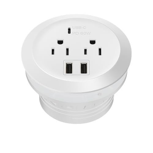 TOPGREENER Desktop Power Grommet With 65W PD Fast Charging USB C, GaN Desk for MacBook, 2 USB-A Ports and Duplex Receptacles, 3' Diameter, TTRP48APD60-W, White