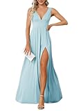 Ever-Pretty Women's Deep V-Neck Sleeveless Side Slit Floor Length Bridesmaid Wedding Guest Dress Sky Blue US16