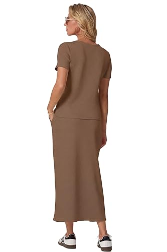 Image of GRECERELLE Women Summer Casual 2 Piece Sets V-Neck Wrinkle-Free Top & Elastic Waist Midi Side Slit Skirt with Pockets
