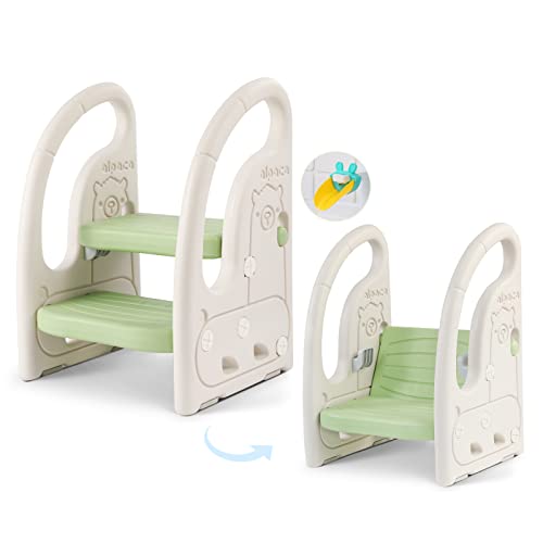 Image of Onasti Toddler Step Stool for Bathroom Sink, Adjustable 2 Step Stop for Kids with Handles, Toilet Stool Potty Training, Plastic Ladder Toddler Helper Stool for Bedroom Kitchen Counter Green White
