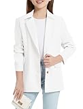 EXARUS Girls Blazer Kids Blazers Jacket Teen Suit Casual White Blazer Long Sleeve Open Front Button Formal Lapel Collar with Inner Pockets School 10Y