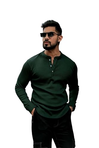 Image of GRITSTONES Men Self Waffle Knit Henley T-Shirt (GSHN-2H-01-BLK S)