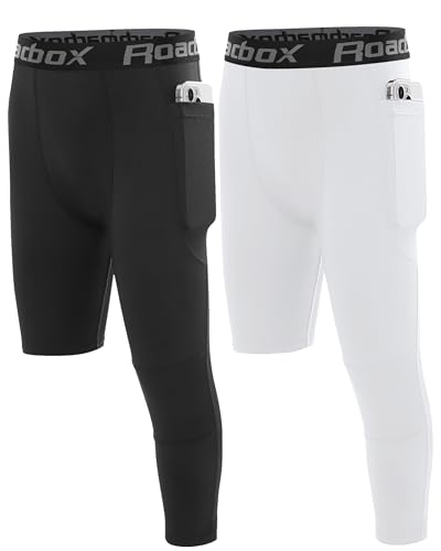 Roadbox Boys One Leg Compression Pants,Athletic 3/4 Football Tights,Youth Single Leg Sports Base Layer Leggings Pockets