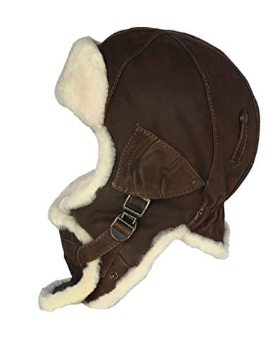 Cucuba Chapeau en cuir de Montone Shearling hiver Ushanka homme Chapeau Pilote Aviateur soviétique de neige avec pare-oreilles (L), marron, 58/59 cm Cover