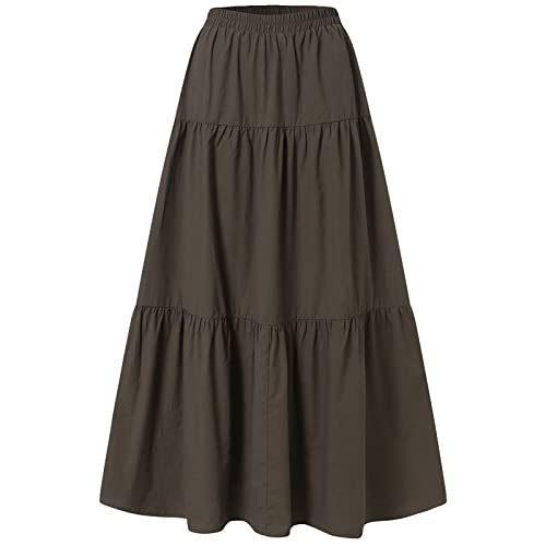 Womens Midi Skirts Elastic Waist Pleated Skirt A Line Flowy Swing Tiered Long Skirt Casual FAL Winter Maxi Skirt