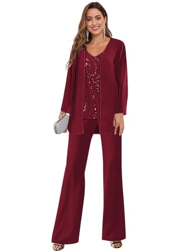 BANTRATIC 3 Pieces Mother of The Bride Pant Suits for Women Chiffon Sequin Evening Formal Wedding Guest Dressy Pantsuits
