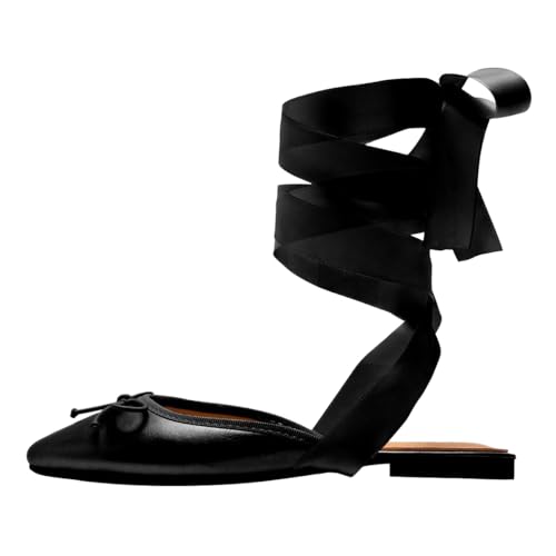 FSJ Women Wrapped Ballet Flats Bowknot Closed Toe Cross Ribbon Lace-Up Slingabck Ballerinas Shoes Size 4-16 US2