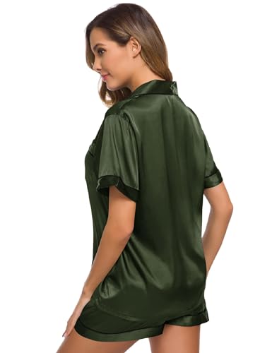 Image of SWOMOG Womens Silk Satin Pajamas Set Two-piece Pj Sets Sleepwear Loungewear Button-Down Pj Sets Army Green