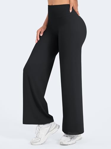 VOYJOY Straight Leggings Bottoms Wide Leg Pants for Women 29"/ 31.5"/33" High Waist Stretch Casual Sweatpants Black4