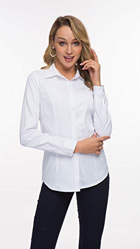 Double Plus Open Women Basic Tailored Collared Button Down Dress Shirt Long Sleeve Blouse White S