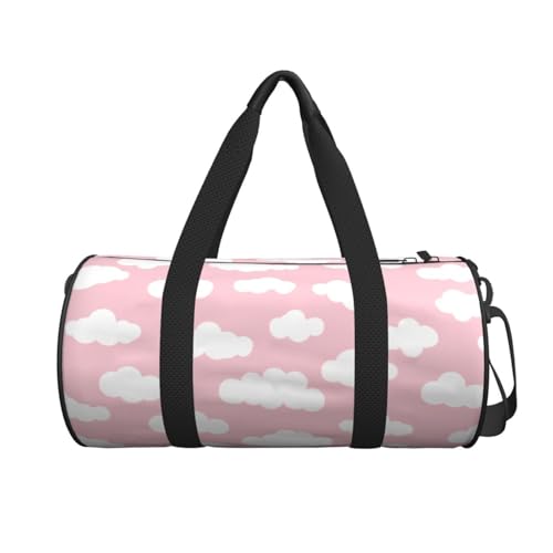 Clouds Asthetic White And Pink Round Duffle Bag, Spacious Sport Travel Bag With Zippered Pockets & Soft Grip Handles2