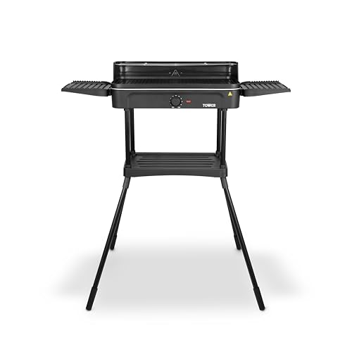 Tower Standing Outdoor/Indoor Electric BBQ Grill Temperature Controls Stainless Steel Easy Clean Non-Stick Plate 2200W Black T14054