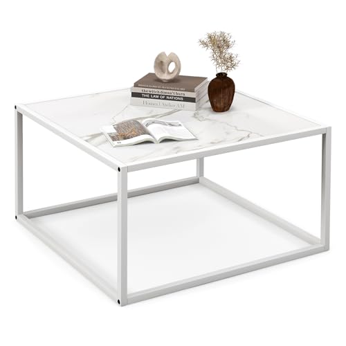 COSTWAY Square Coffee Table, Faux Marble Cocktail Center Tea Table, Metal Frame Wooden Accent End Sofa Side Table for Living Room, Bedroom and Office (Deep Crack Pattern, White)