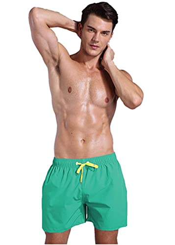Men's Summer Casual Beach Swim Trunks Drawstring Quick Dry Pure Cotton Shorts Slim fit Lightweight Side Pockets Short (Green,Medium)2