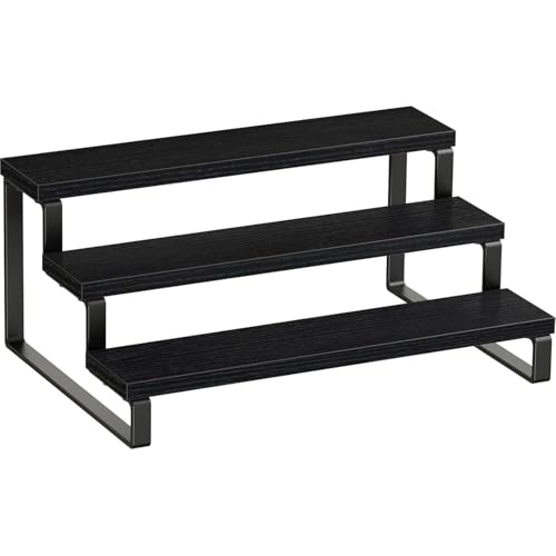 Image of 3 Tier Wooden Spice Rack for Kitchen Countertop -Step Shelf Organizer for Spices, Jars & Condiments | Metal Frame Wood Shelf For Counter Storage - Black (35 x 24 x 15 cm)
