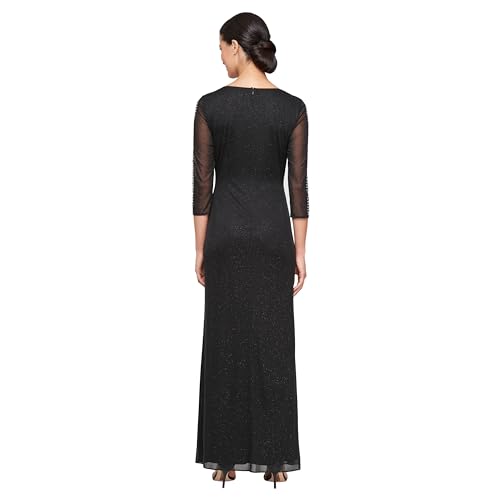 Image of S.L. Fashions Women's Long Length Ruched Waist Formal Evening Dress with Beaded Illusion Sleeves (Petite and Regular Sizes)