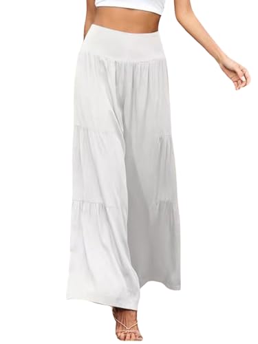 Women's Boho High Waisted Wide Leg Palazzo Pants Summer Beach Flowy Baggy Tiered Flared Trousers