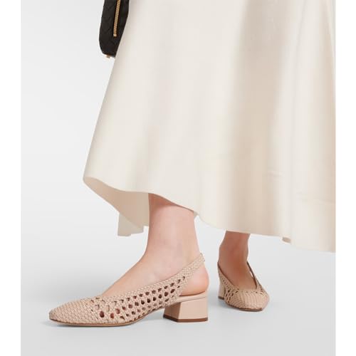 Mesh Slingback for Women Chunky Heels Raffia Square Closed Toe Comfortable Shoes Heeled Pumps Daily Office Work Dress Shoes Nude2