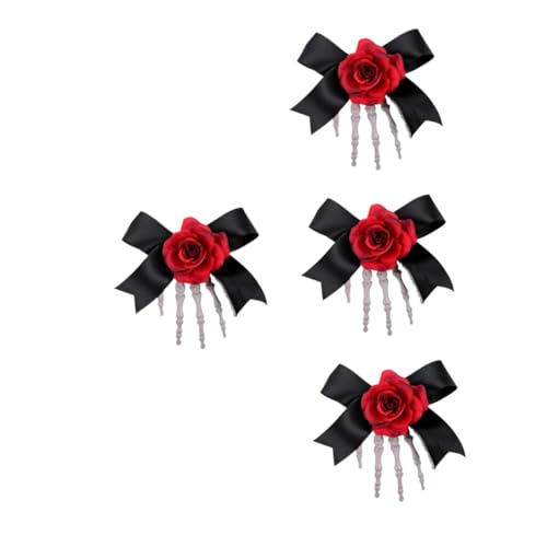 Barrette Halloween squelette fleur rouge, pince cheveux main d'os accessoire déguisement femme