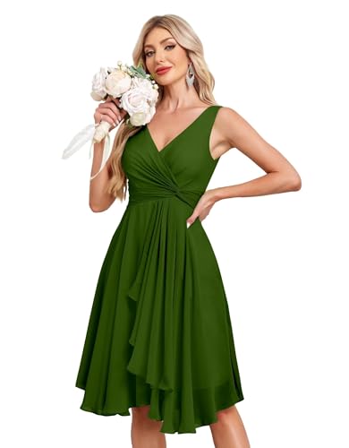 Image of Women's V Neck Short Bridesmaid Dresses 2025 Ruched Waist A Line Chiffon Formal Cocktail Party Dress