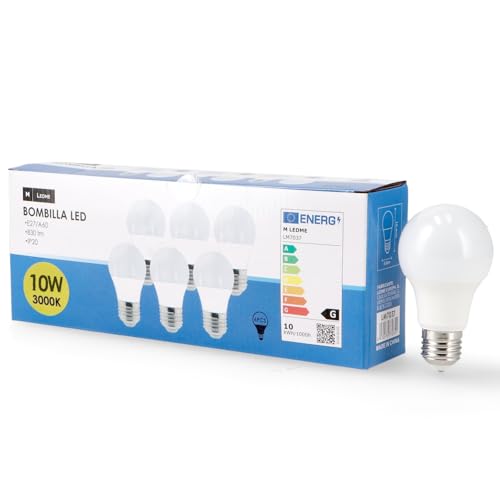M Ledme   Pack 6, Bombilla Led E27 A60 10W, Luz Cálida (3000k), casquillo E27, 820 Lumen, IP20, Apertura del Haz de Luz 200°, Eficiencia energética y Bajo Consumo. LM7612