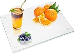 JAMBALAY Table de coupe en verre trempé pour la cuisine, 40CMx30CM Panneau de coupe en verre transparent avec pieds antidérapants en caoutchouc, résistant à la chaleur et aux rayures, résistant aux éclaboussures, lave-vaisselle sans danger, transparent