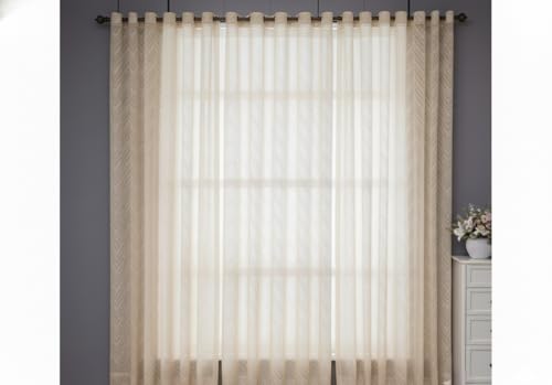 Image of Net Curtains Semi Transparent Sheer Curtain /Zigzag Pattern Door Curtain 7 Feet Long Set of 2 Pcs, Window, Long Door, Living Room Parde, Cream Color