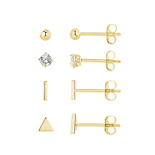 Sterling Silver Stud Earrings - 4 Pairs Small Silver Ball Earrings Triangle Stud Earrings Round CZ Earrings Bar Earrings Set Hypoallergenic Cartilage 14K Earrings(3mm2&5mm2)