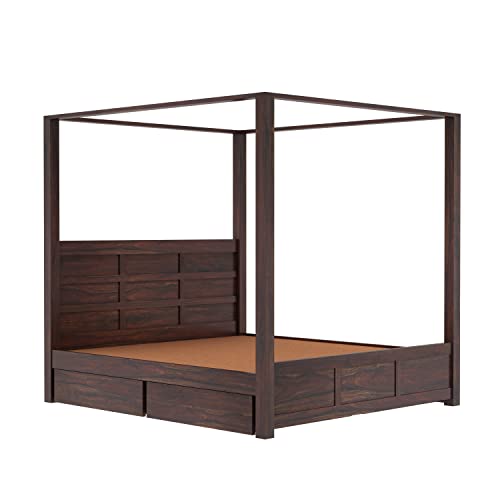 Image of Solid Sheesham Wood Queen Size Poster Bed 4 Drawer Storage for Bed Room Living Room Home Wooden Double Bed Palang Solid Wood Bedroom Furniture for Hotel (Walnut1 Finish)
