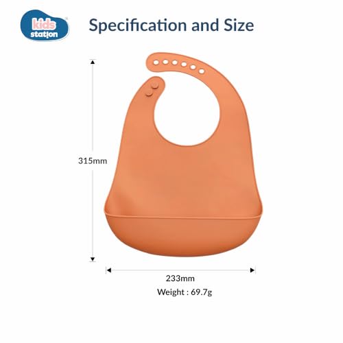 Image of Kids Station Silicone Baby Bib for Feeding & Weaning BPA Free, Soft Adjustable Neckline with Buttons, Washable & Reusable, Ideal for Babies & Toddlers 6 to 36 Months - Orange