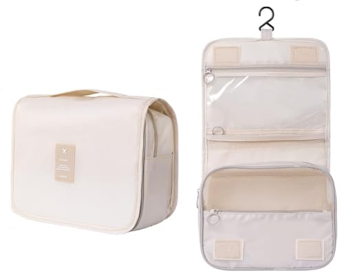 Image of Travel Toiletry Bag with Hanging Hook, Waterproof Cosmetic Organizer Pouch, Foldable Makeup Storage Case with Mesh & Transparent Compartments, Portable Travel Accessories Bag (Beige Beige)