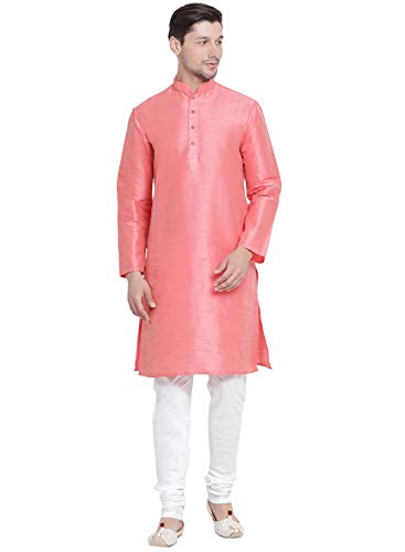 Image of VASTRAMAY Men's Pink Cotton Silk Blend Kurta and Pyjama Set VASMKPN001nPDWH 36